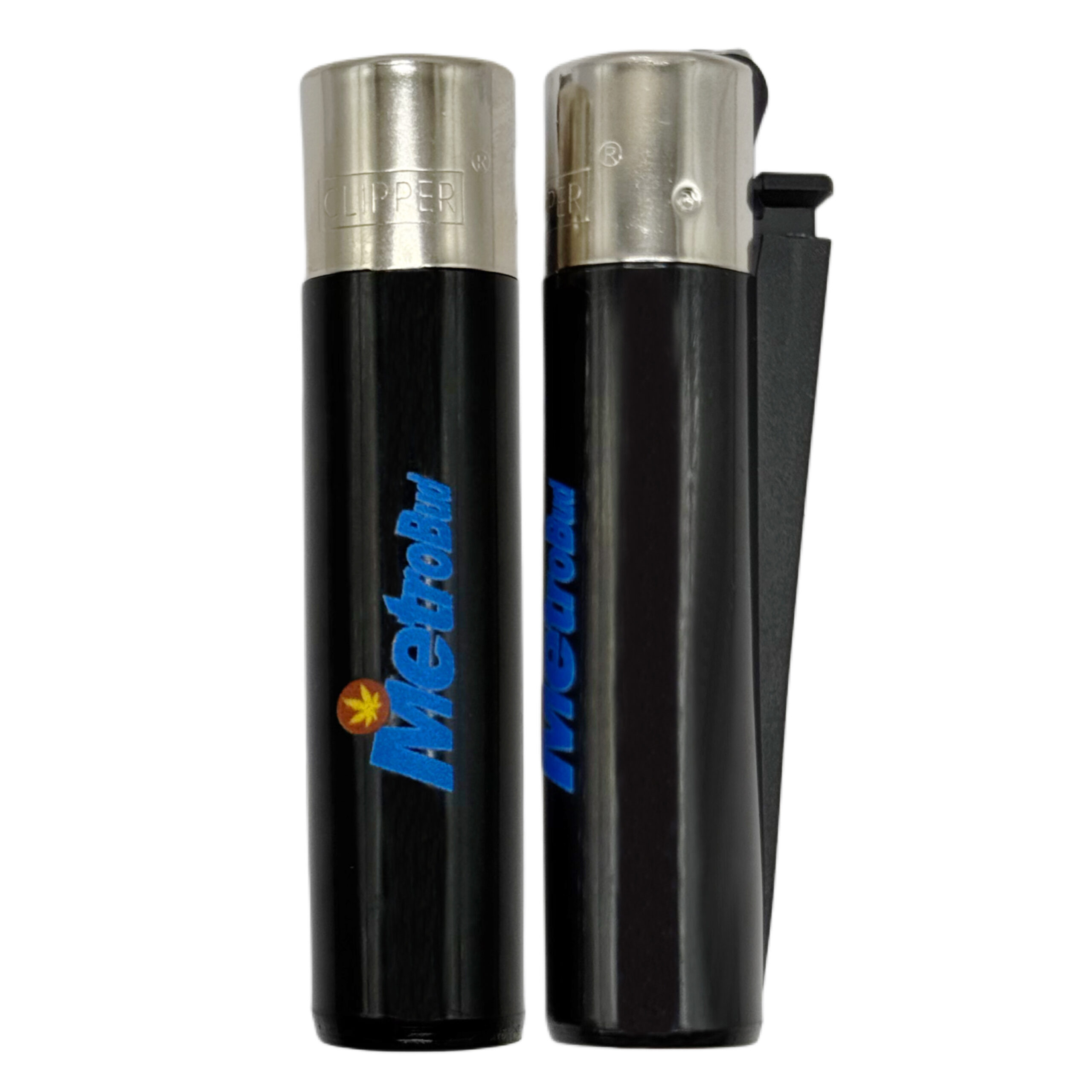 MetroBud Clipper Lighter 1 Two black lighters with silver tops, featuring the MetroBud logo, standing side by side.