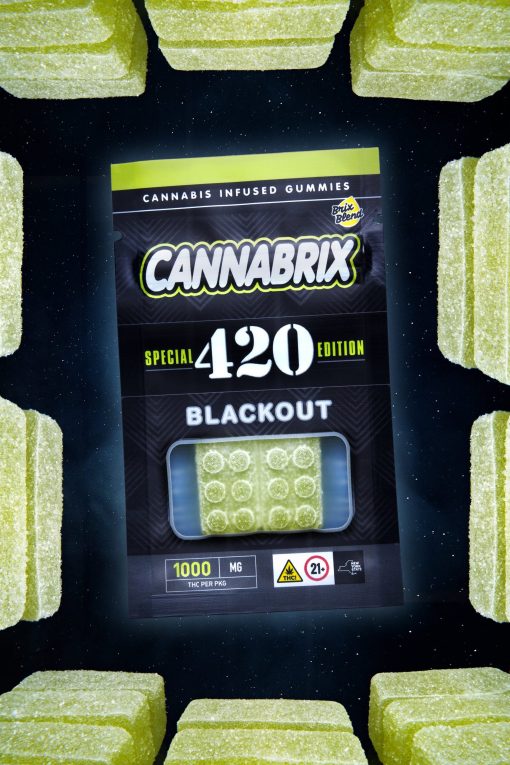 Special edition cannabis gummies package, labeled Cannabrix 420 Blackout, with 1000mg THC.