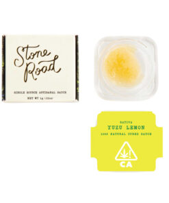 Stone Road Yuzu Lemon Sativa Sauce, single source artisanal, 1g, in packaging with yellow label and cannabis icon.