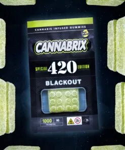 Special edition cannabis gummies package, labeled Cannabrix 420 Blackout, with 1000mg THC.