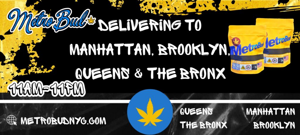 MetroBud delivery service to Manhattan, Brooklyn, Queens, Bronx, 11AM-11PM, product packaging displayed.