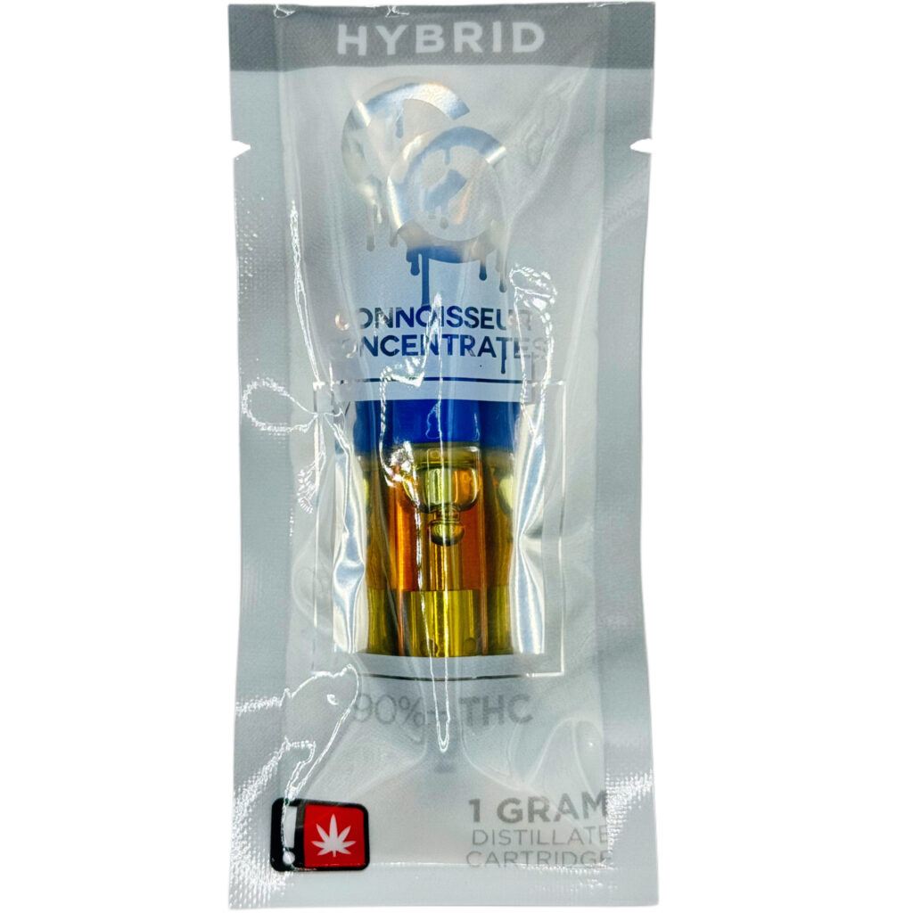 Hybrid cannabis vape cartridge, 1 gram distillate with THC, packaged in a sealed clear pouch.