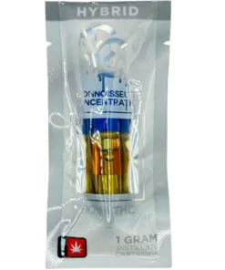 Hybrid cannabis vape cartridge, 1 gram distillate with THC, packaged in a sealed clear pouch.