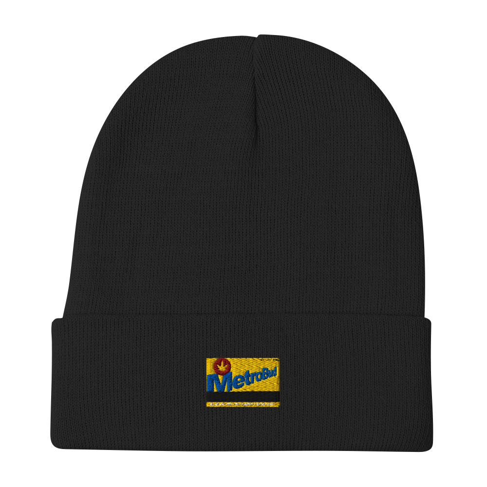 Black knit beanie featuring colorful Metrobird logo on the front.
