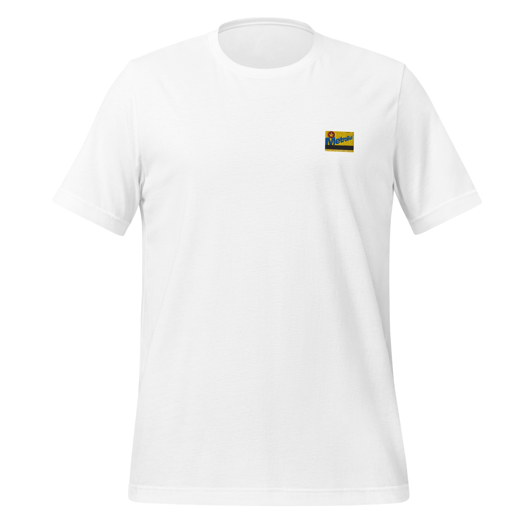 MetroBud T-Shirt + 1-Month VIP Membership 2 White T-shirt with colorful patch logo on chest. Comfortable, casual wear perfect for everyday fashion and minimalistic style.
