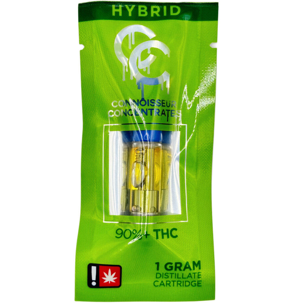Hybrid THC distillate cartridge packaging, 1 gram, 90%+ potency, Connoisseur Concentrates.