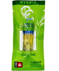 Hybrid THC distillate cartridge packaging, 1 gram, 90%+ potency, Connoisseur Concentrates.