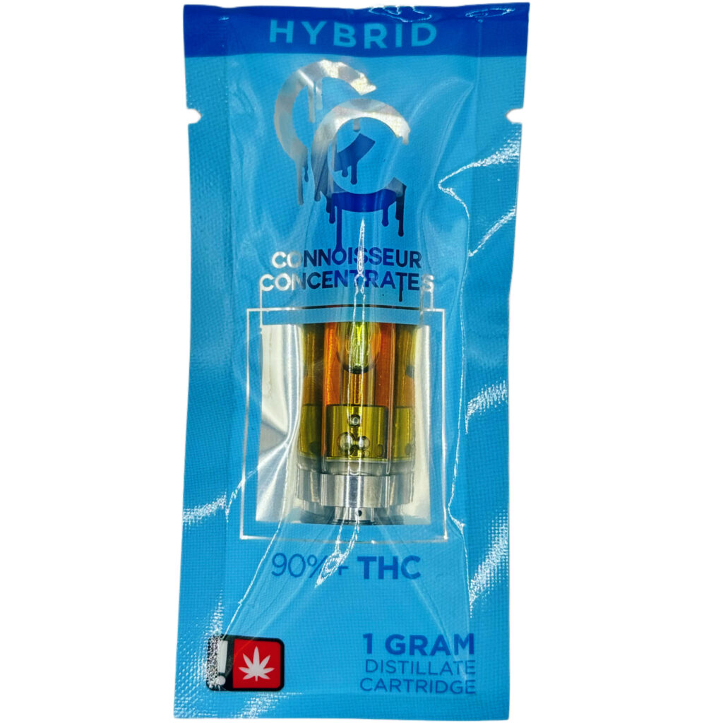 Blue packaging of Connoisseur Concentrates hybrid THC cartridge, 1 gram, 90% THC distillate.