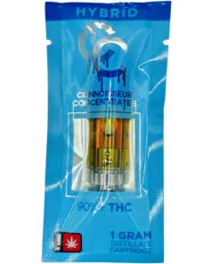 Blue packaging of Connoisseur Concentrates hybrid THC cartridge, 1 gram, 90% THC distillate.