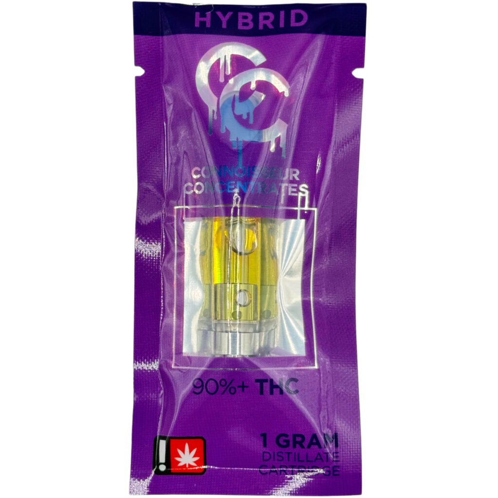 Purple packaging of hybrid cannabis distillate cartridge, 1 gram, 90%+ THC, by Connoisseur Concentrates.