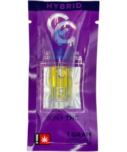 Purple packaging of hybrid cannabis distillate cartridge, 1 gram, 90%+ THC, by Connoisseur Concentrates.