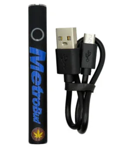 Vape pen labeled MetroBud with USB charger cable, featuring a cannabis leaf icon.