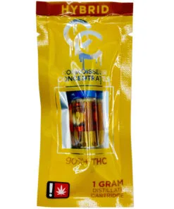 Hybrid cannabis distillate cartridge packaging, 90% THC, 1 gram, Connoisseur Concentrates.