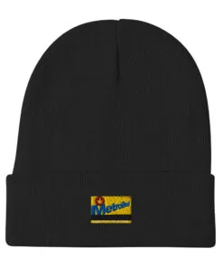 Black knit beanie featuring colorful Metrobird logo on the front.