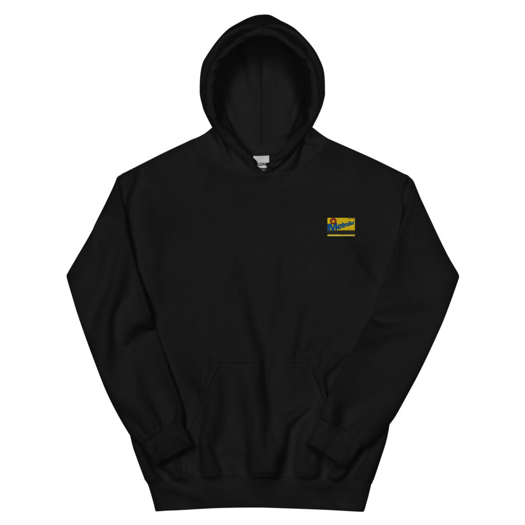 Black hoodie with small colorful graphic patch on the chest, featuring modern design and cozy kangaroo pocket.