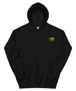 Black hoodie with small colorful graphic patch on the chest, featuring modern design and cozy kangaroo pocket.