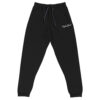 Black jogger pants with drawstring and Metro Bule logo on front. Comfortable and stylish for casual wear.