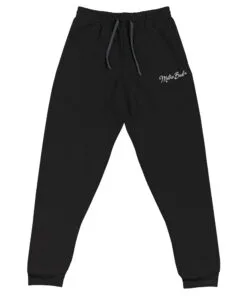 Black jogger pants with drawstring and Metro Bule logo on front. Comfortable and stylish for casual wear.