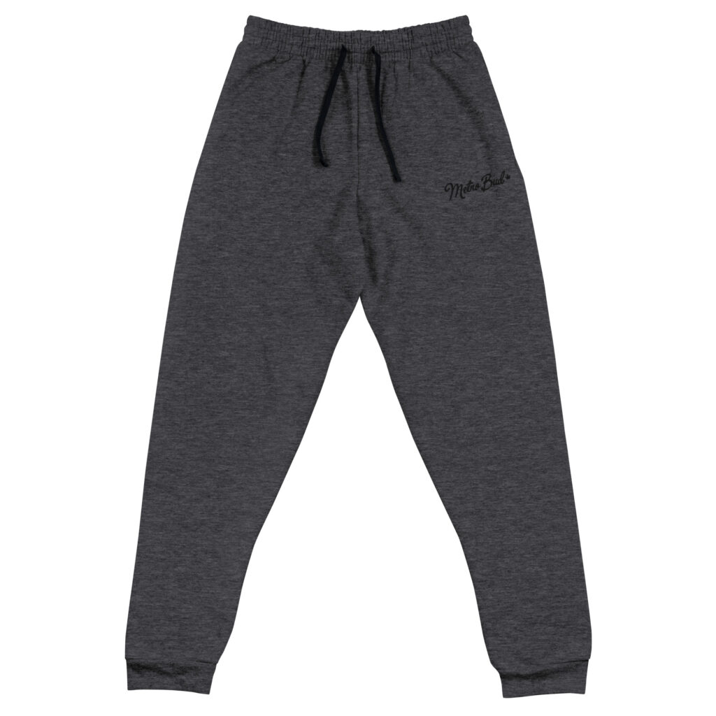 Dark gray jogger pants with drawstring waist, ideal for casual wear and workouts. Comfortable and stylish design.
