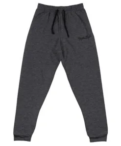 Dark gray jogger pants with drawstring waist, ideal for casual wear and workouts. Comfortable and stylish design.