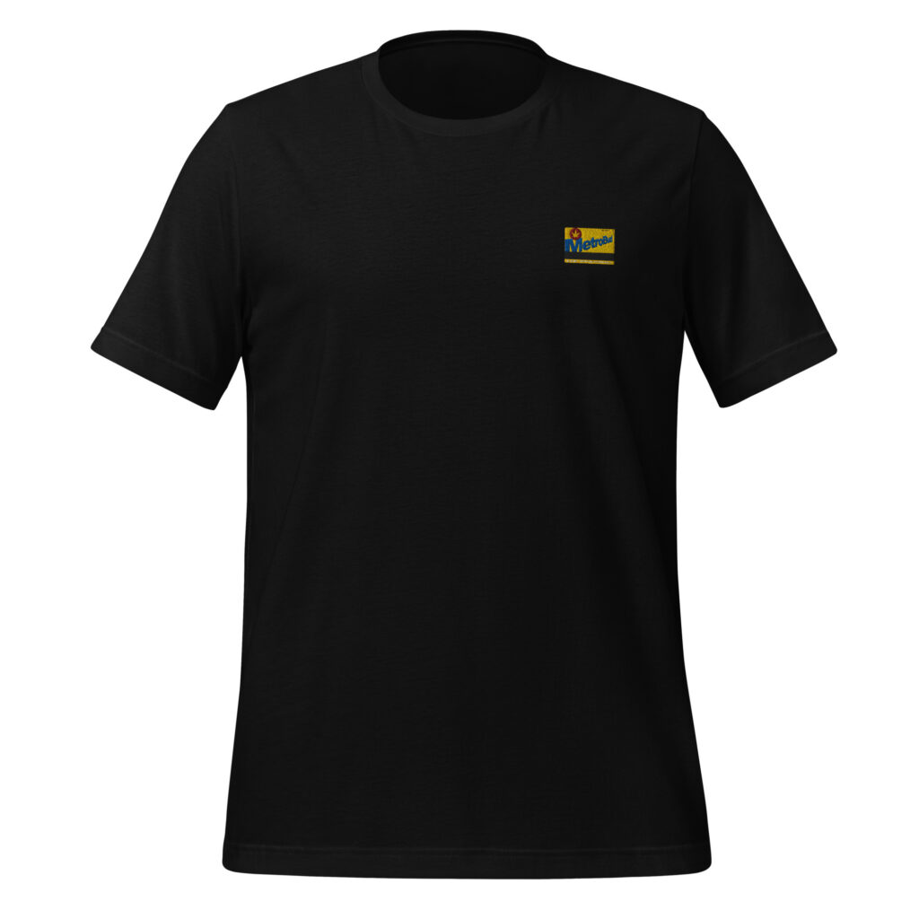 Black t-shirt with small logo on the chest.
