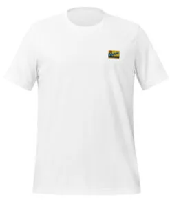 White T-shirt with colorful patch logo on chest. Comfortable, casual wear perfect for everyday fashion and minimalistic style.