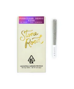 Stone Road Forbidden Berry Kush pre-roll packaging with joint, featuring hash and THC diamonds.