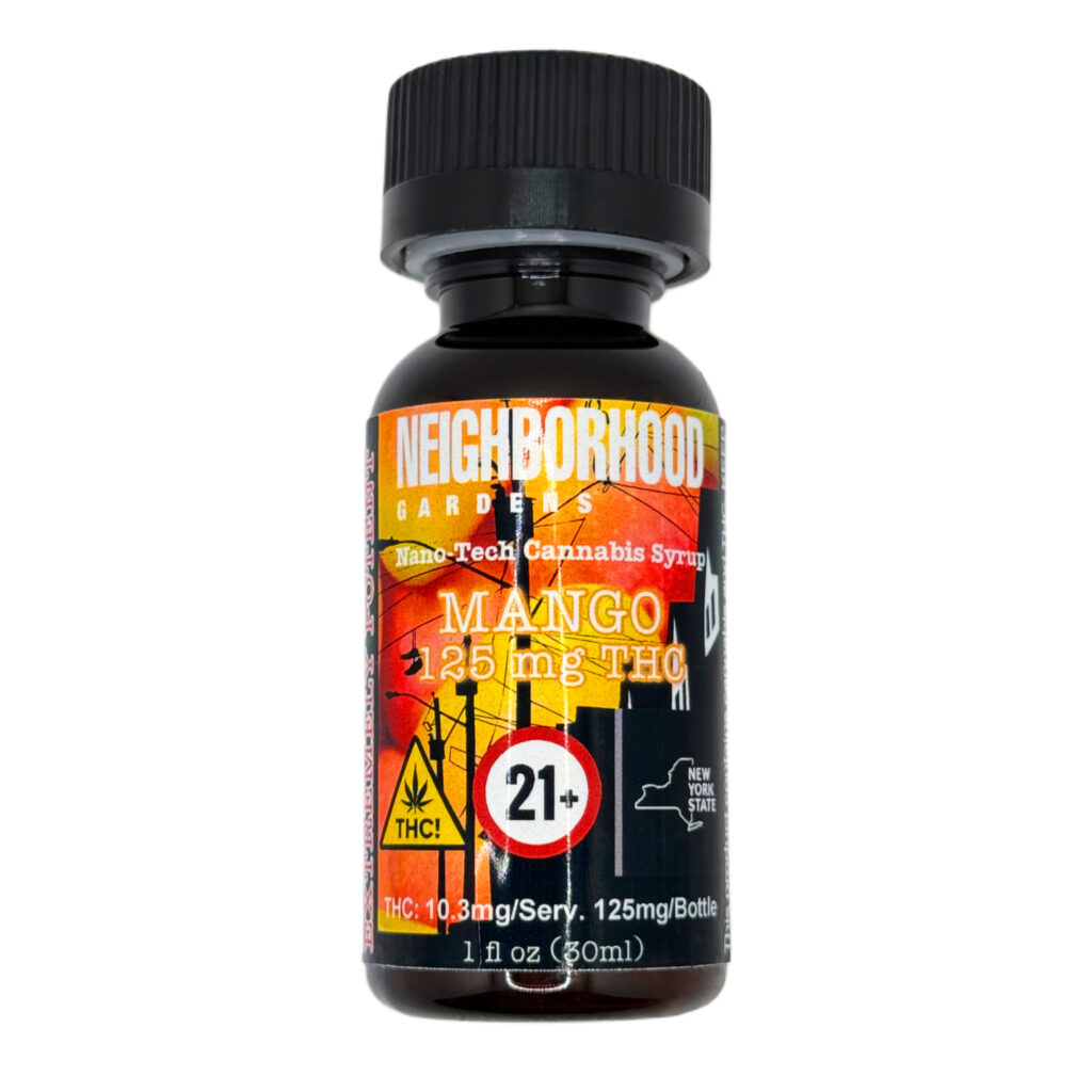 Mango-flavored cannabis syrup with 125mg THC, 30ml bottle, Neighborhood Gardens, 21+ age restriction, New York State.