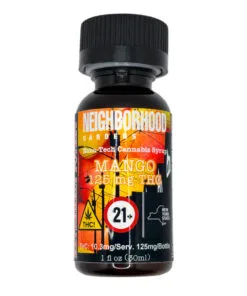 Mango-flavored cannabis syrup with 125mg THC, 30ml bottle, Neighborhood Gardens, 21+ age restriction, New York State.