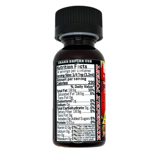 Nano-Infused Syrup - 1500mg per bottle - Strawberry 2 Small brown bottle with a nutrition label indicating 230 calories per serving and instructions to shake before use.