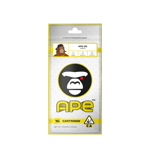 Ape OG – 1g Live Resin Disposable Vape | APE 1 Ape OG Indica 1g cartridge packaging, featuring a gorilla logo and icons for happy, relaxed, and euphoric effects.