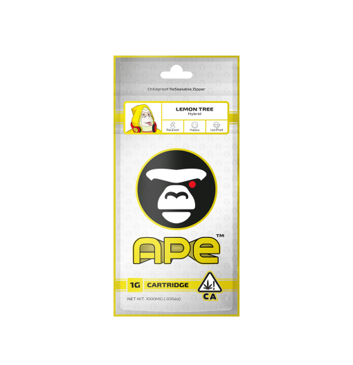 Lemon Tree – 1g Live Resin Disposable Vape | APE 1 Ape Lemon Tree hybrid cannabis cartridge packaging, 1g, featuring a gorilla logo, effects: relaxed, happy, uplifted.