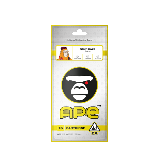 Sour Haze – 1g Live Resin Disposable Vape | APE 1 Ape Sour Haze Sativa Vape Cartridge Packaging - Energetic, Focused, Talkative - 1g, Childproof Resealable.