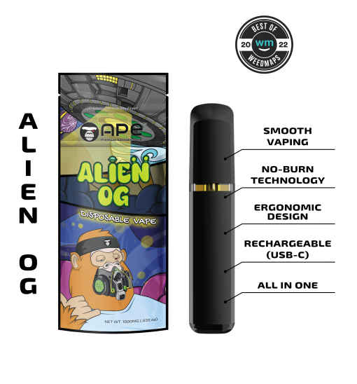 Alien OG - 1g Disposable Vape | APE 1 Alien OG disposable vape featuring ergonomic design, no-burn tech, and USB-C rechargeability. Best of Weedmaps 2022.