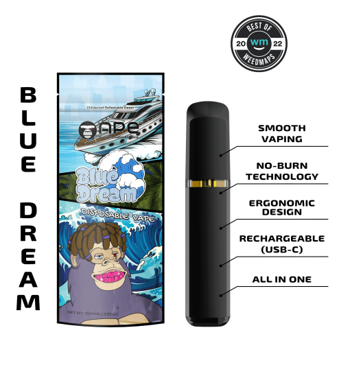 Blue Dream - 1g Disposable Vape | APE 1 Disposable vape package Blue Dream with ergonomic, all-in-one design, no-burn tech, USB-C rechargeable, Weedmaps 2022.