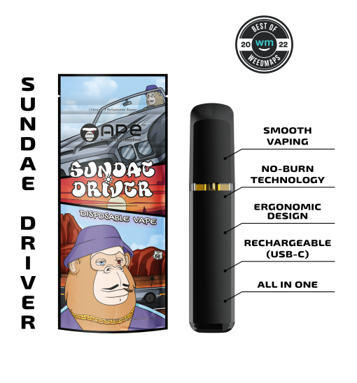 Sundae Driver - 1g Disposable Vape | APE 1 Sundae Driver vape package with ergonomic design, smooth vaping, USB-C recharge, and no-burn technology.