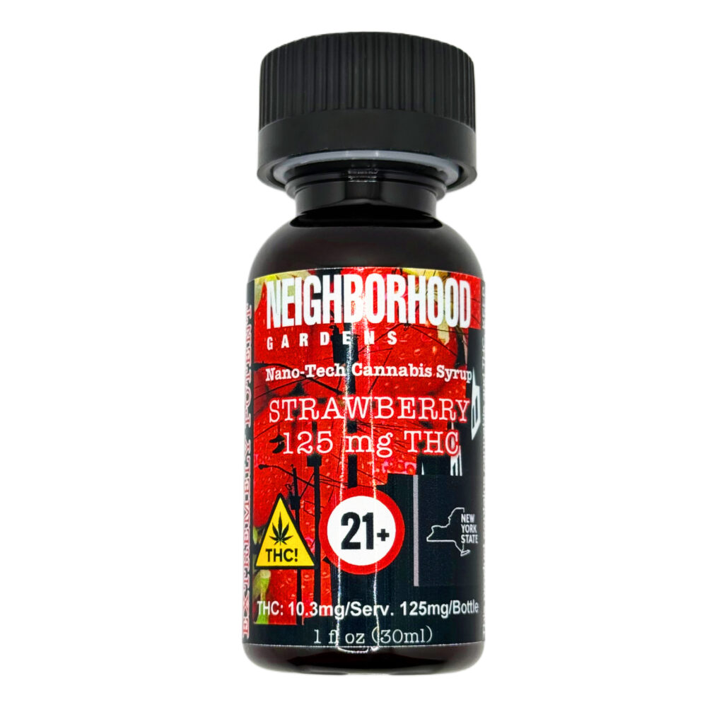 Strawberry-flavored cannabis syrup bottle, 125mg THC. For adults 21+. Labels highlight nano-tech and THC content.