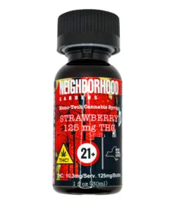 Strawberry-flavored cannabis syrup bottle, 125mg THC. For adults 21+. Labels highlight nano-tech and THC content.