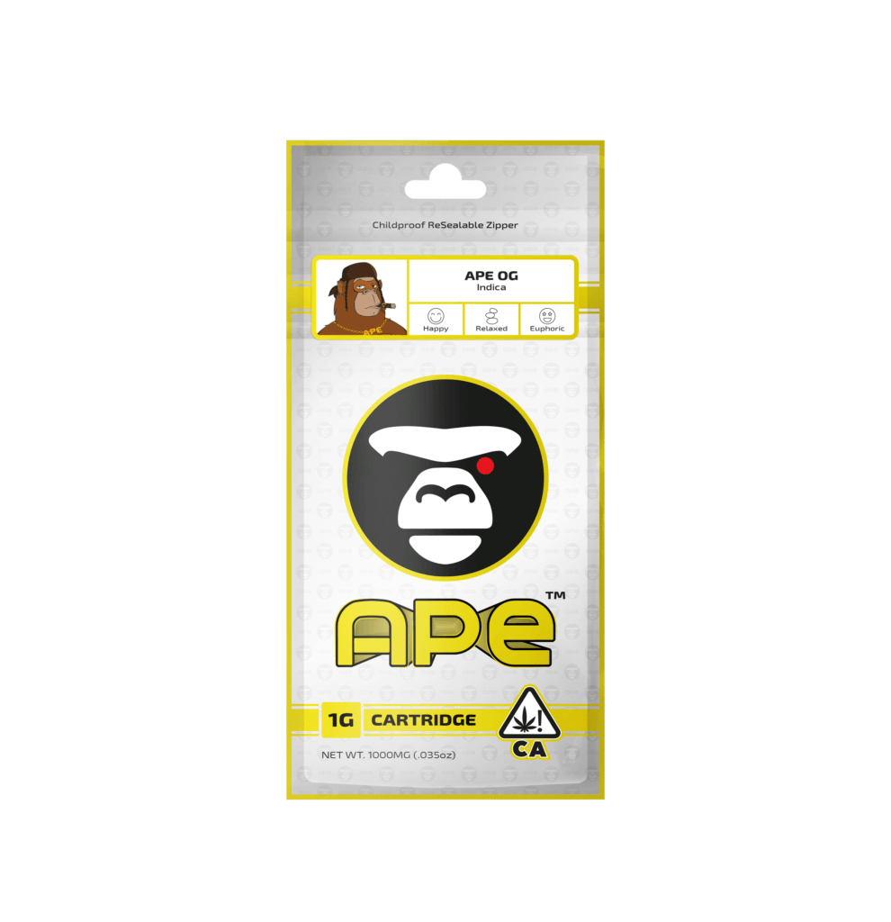 Ape OG Indica 1g cartridge packaging, featuring a gorilla logo and icons for happy, relaxed, and euphoric effects.