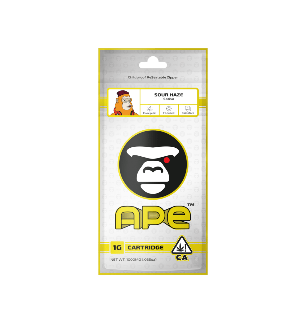 Ape Sour Haze Sativa Vape Cartridge Packaging - Energetic, Focused, Talkative - 1g, Childproof Resealable.