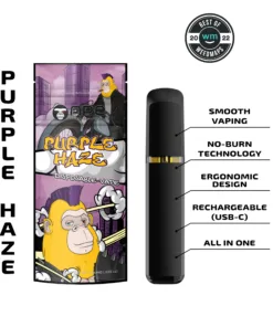 Purple Haze disposable vape with smooth vaping, no-burn technology, ergonomic design, and rechargeable USB-C.