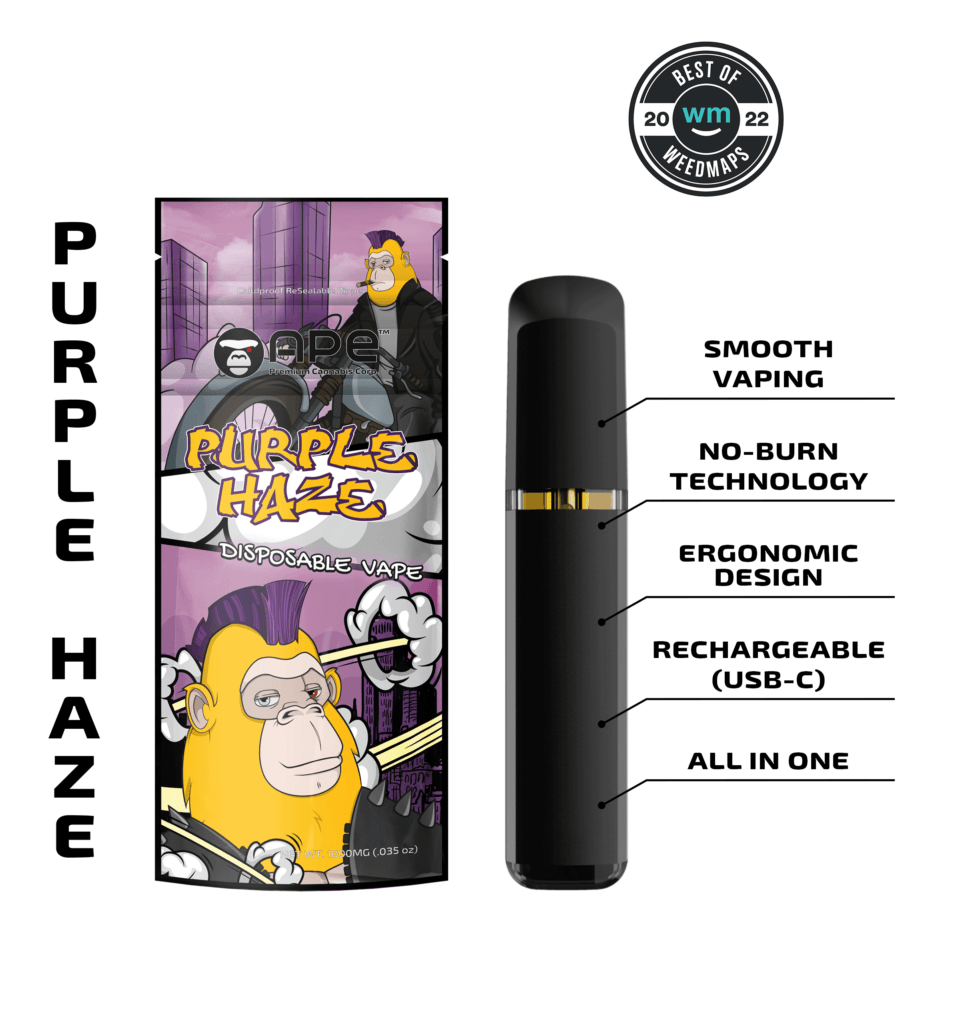 Purple Haze disposable vape with smooth vaping, no-burn technology, ergonomic design, and rechargeable USB-C.