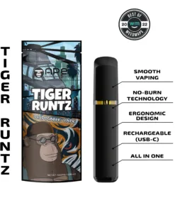 Tiger Runtz disposable vape with smooth vaping, no-burn tech, ergonomic design, USB-C recharge, all-in-one feature.