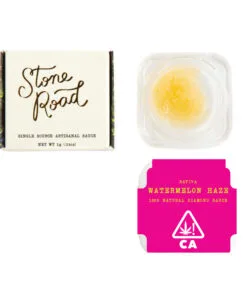 Stone Road Watermelon Haze Sativa, single source artisanal sauce in packaging, 1g California extract.