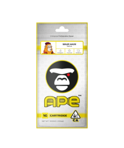 Ape Sour Haze Sativa Vape Cartridge Packaging - Energetic, Focused, Talkative - 1g, Childproof Resealable.