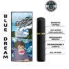 Disposable vape package Blue Dream with ergonomic, all-in-one design, no-burn tech, USB-C rechargeable, Weedmaps 2022.