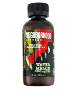 Bottle of watermelon-flavored cannabis syrup with 1500 mg THC, by Neighborhood Gardens, 4 fl oz (120ml).