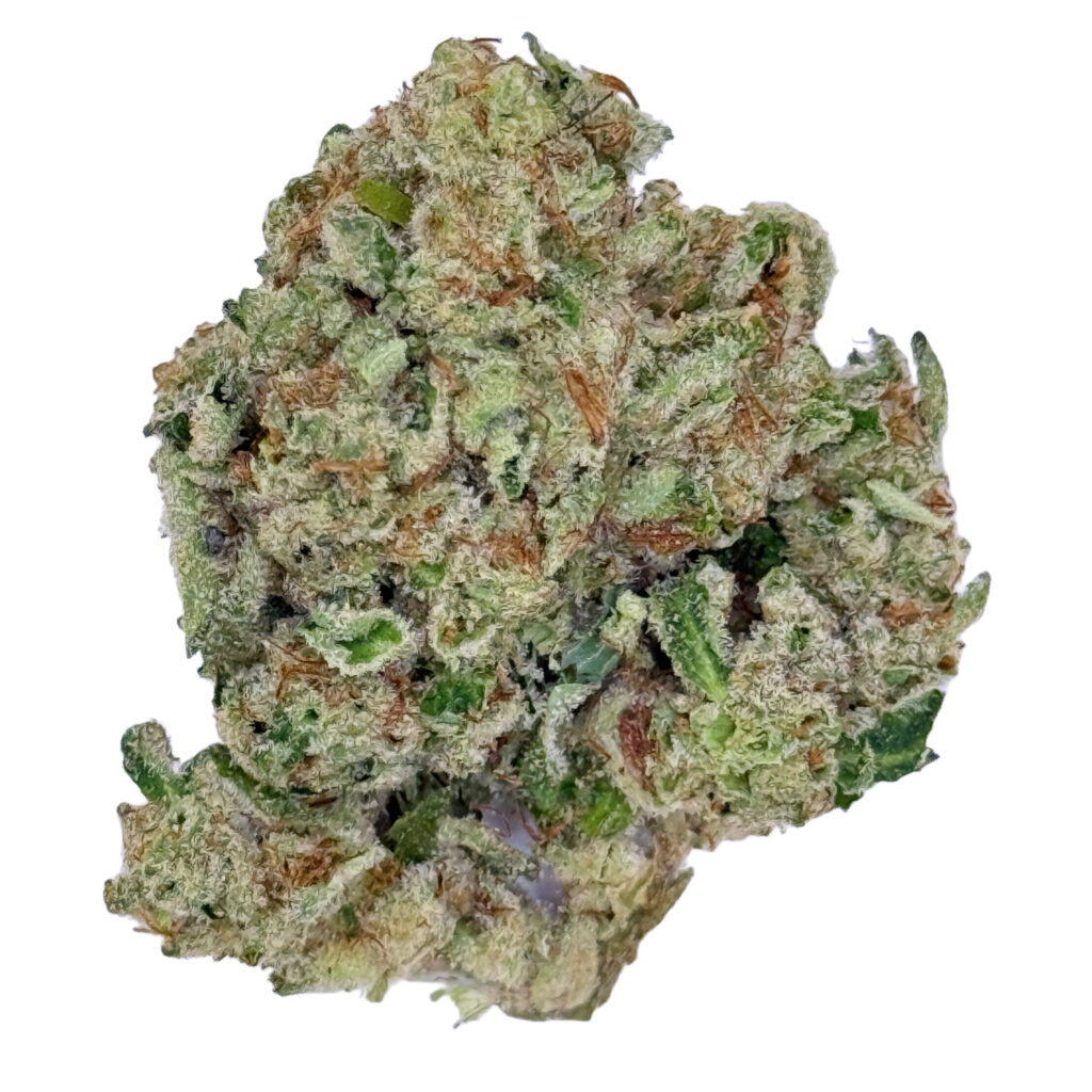 Close-up of a cannabis bud with green and orange hues, showcasing its dense texture and crystal trichomes.
