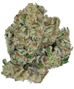 Close-up of a cannabis bud with green and orange hues, showcasing its dense texture and crystal trichomes.