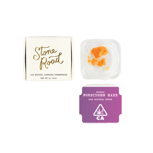 Forbidden Haze Hybrid Sugar | 1G Stone Road 1 Stone Road cannabis concentrate, Forbidden Haze hybrid, with natural sugar crumbles in glass container.